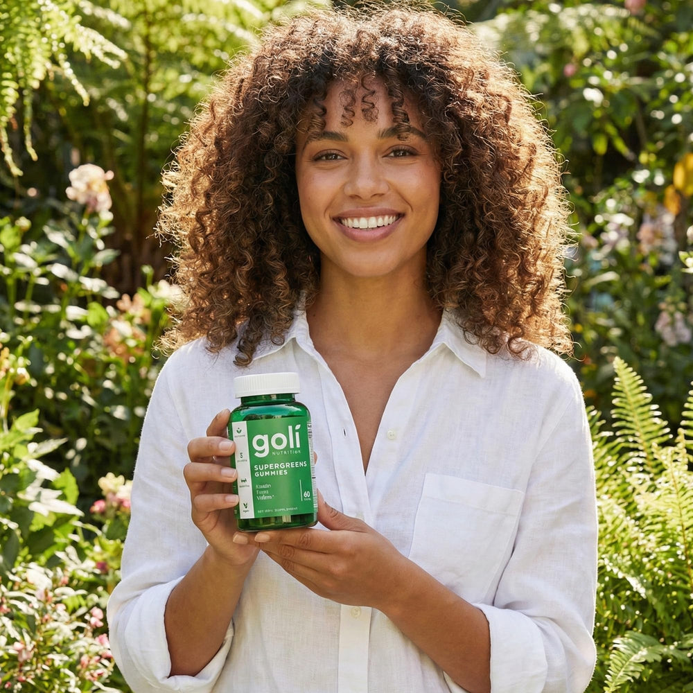 Goli Supergreens vegan gummies highlight plant-based ingredients and gluten-free formulation.