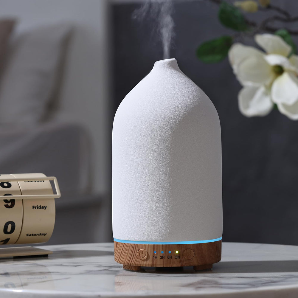 Gooamp 200ml ceramic essential oil diffuser with ultrasonic mist and wood grain base