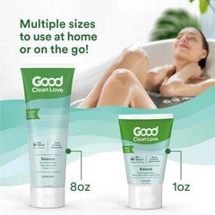 Good Clean Love Balance wash fragrance-free label emphasizes a gentle formula for everyday use