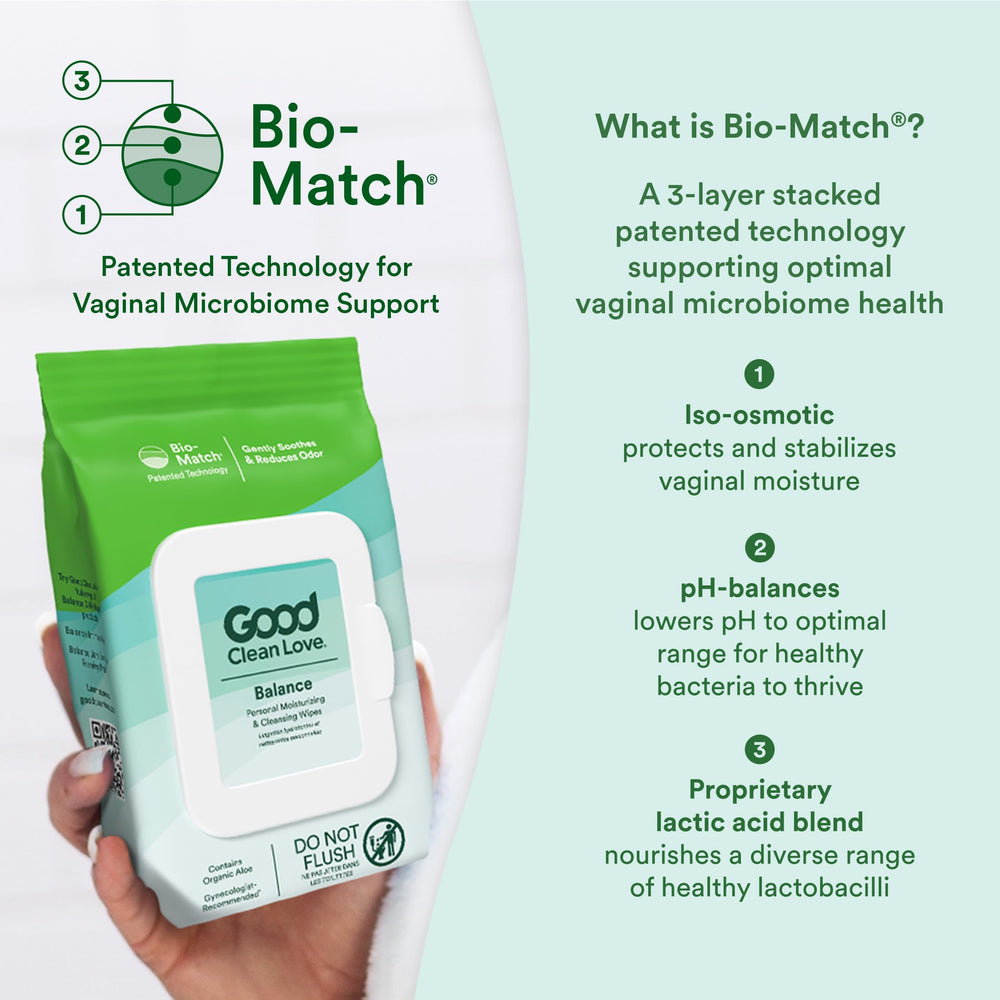 Good Clean Love Balance wipes with aloe moisturizer for soothing cleansing.