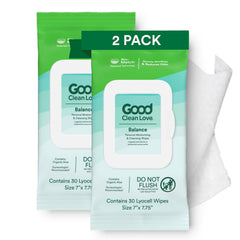 Good Clean Love Balance wipes packaging for daily freshness on the go.
