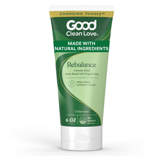 Good Clean Love Rebalance bottle close-up for daily intimate cleansing