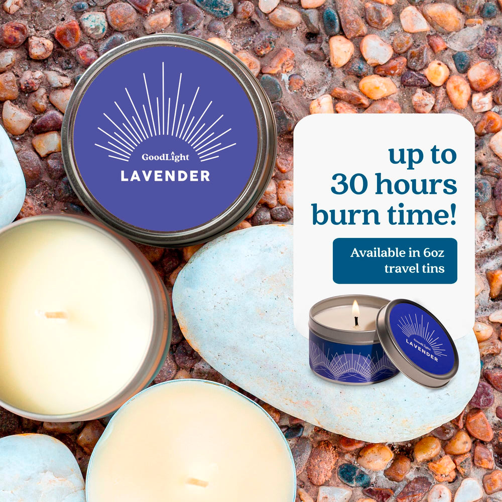 Paraffin-free non-toxic candle with lavender scent in tin