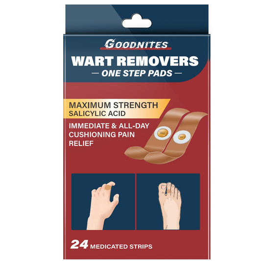 Goodnites wart remover pads box front showing dual-size medicated centers for precise coverage