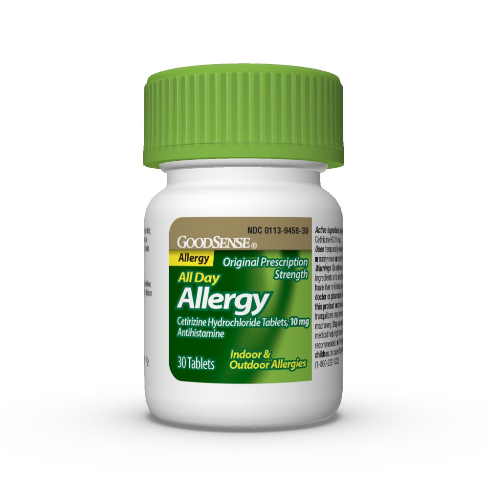 GoodSense Allergy Relief active ingredient cetirizine 10 mg branding signals trusted cetirizine-based relief.