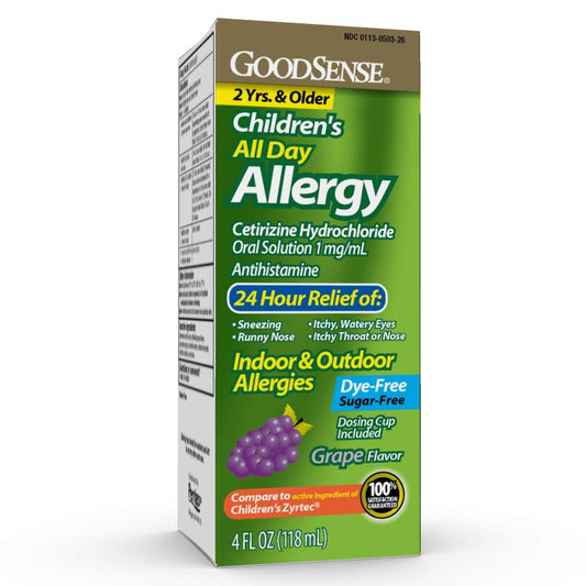 GoodSense Children's All Day Allergy Cetirizine Hydrochloride Oral Solution 1 mg/mL Grape Flavor bottle