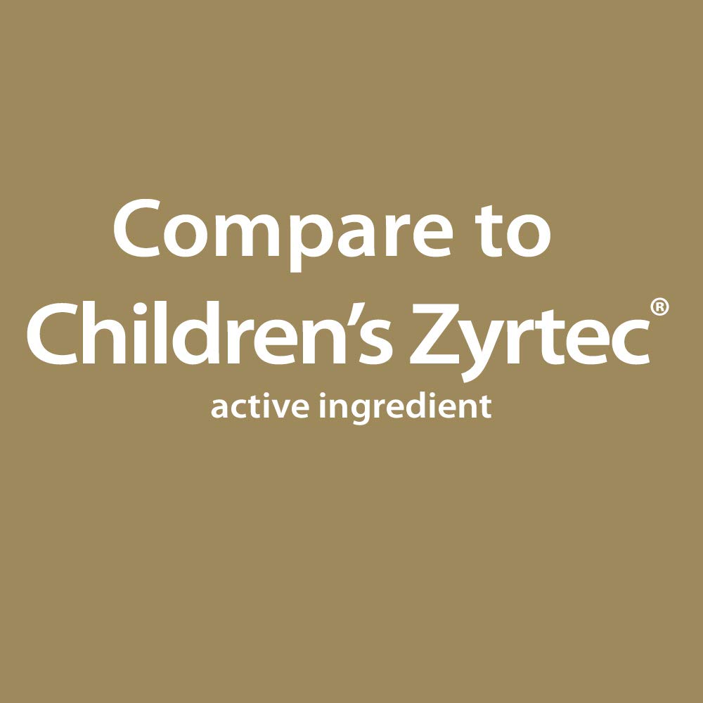 Bottle and dosing cup of GoodSense Children's All Day Allergy Cetirizine Hydrochloride Oral Solution 1 mg/mL in grape flavor