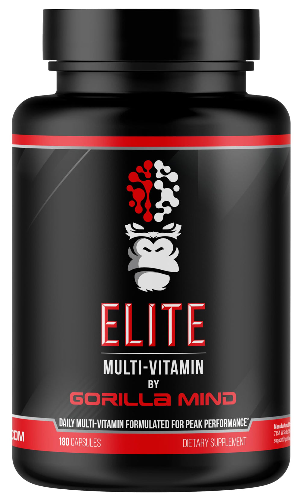 Gorilla Mind Elite Multi-Vitamin bottle with 180 capsules, front view