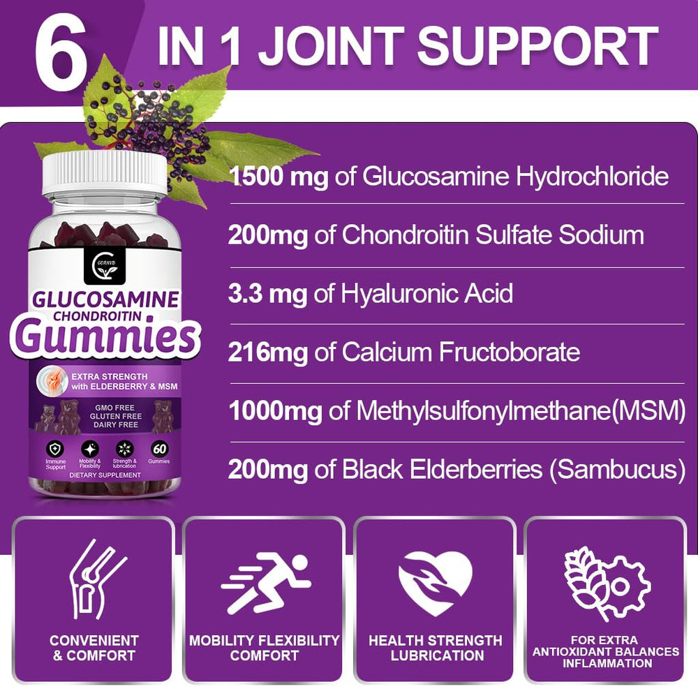 Ingredient panel highlighting glucosamine, chondroitin, MSM and elderberry