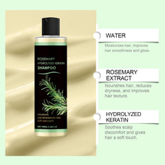 Goswar Organic Rosemary shampoo label detail highlights natural ingredients and keratin for strengthened hair.