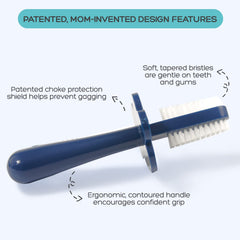 Close-up of Grabease navy toothbrush displaying double-sided bristles