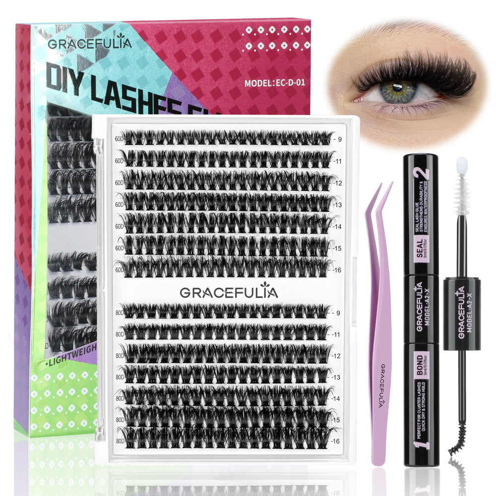 Gracefulia fluffy lash clusters kit contents for at-home lash extensions