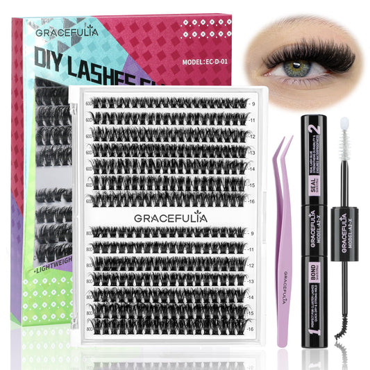 Gracefulia fluffy lash clusters kit contents for at-home lash extensions