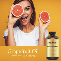 Close-up of grapefruit essential oil bottle