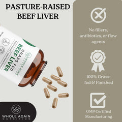 Desiccated liver capsules spilling from bottle