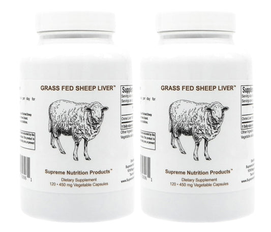 Front view of grass-fed sheep liver capsules bottle