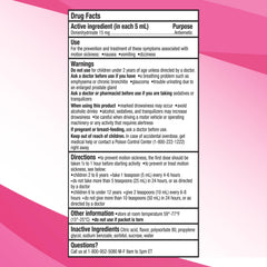 Gravol Kids Liquid contains 15 mg per 5 mL dimenhydrinate for relief.