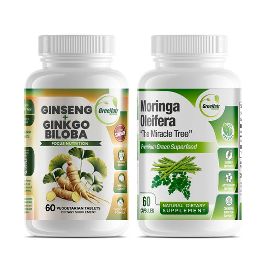 GreeNatr bundle hero image featuring Ginkgo Biloba, Panax Ginseng, and Moringa capsules