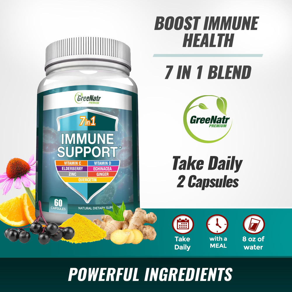 GreeNatr Immune Support ingredients: Quercetin, Echinacea Purpurea, Sambucus Elderberry and Ginger