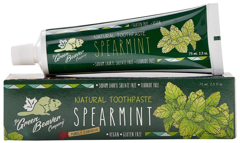 Close-up of Green Beaver toothpaste ingredients: xylitol, lemon and tea tree extracts; silica and calcium carbonate