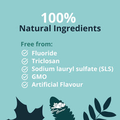 Label showing fluoride-free, SLS-free, GMO-free ingredients