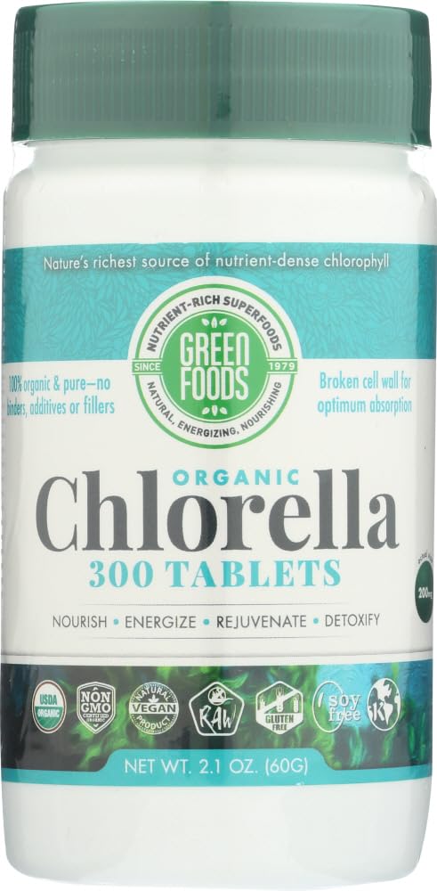 Green Foods Organic Chlorella bottle label showing 200 mg per serving