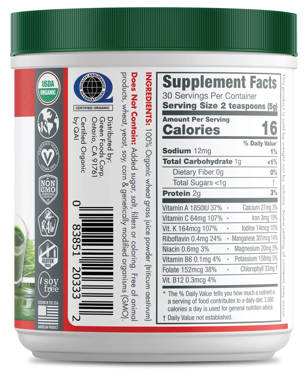 Close-up of dark green wheat grass powder showing chlorophyll