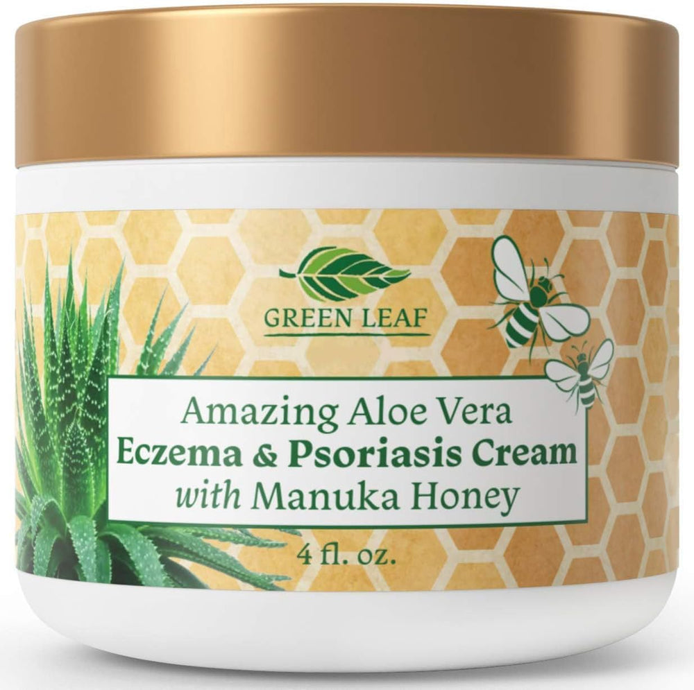Green Leaf Naturals Manuka Honey Eczema Cream jar highlights soothing hydration for dry skin
