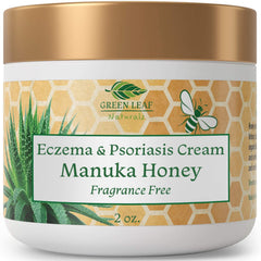 Green Leaf Naturals Manuka Honey Eczema Cream jar close-up for deep moisturizing.
