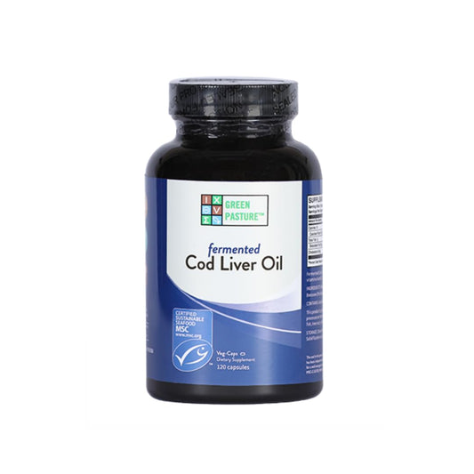 Green Pasture Fermented Cod Liver Oil bottle with 120 capsules