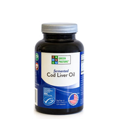 Green Pasture fermented cod liver oil bottle with capsules for daily energy.