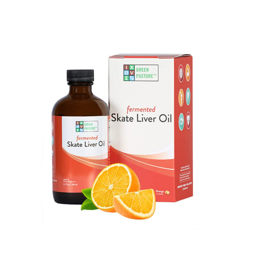 Front view of Green Pasture Fermented Skate Liver Oil orange 6 oz bottle
