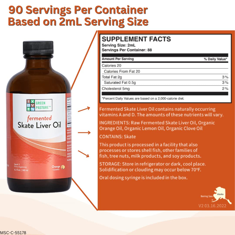 Close-up of the product label on Green Pasture skate liver oil