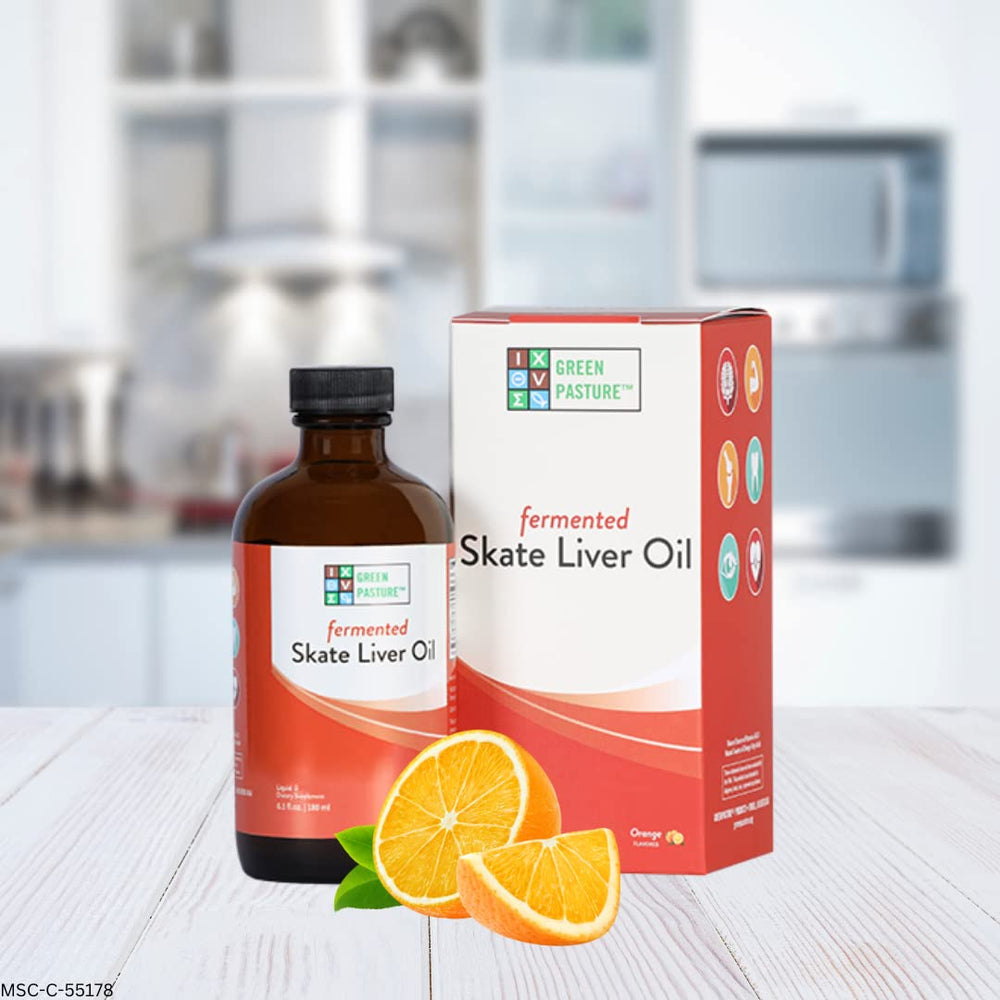Liquid form of Green Pasture Fermented Skate Liver Oil orange 6 oz