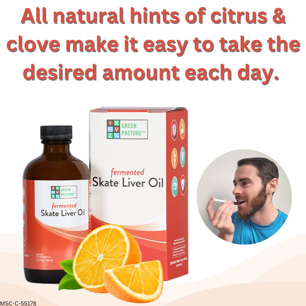 Included syringe for daily dosage of skate liver oil