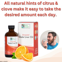 Included syringe for daily dosage of skate liver oil