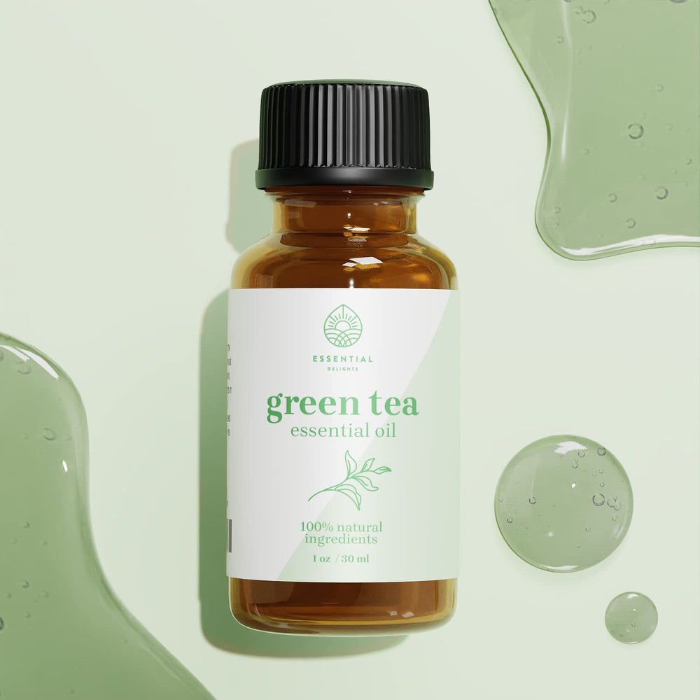 Close-up of Green Tea Essential Oil bottle in natural setting