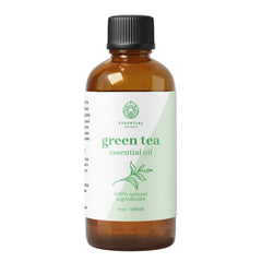 Close-up of Green Tea Essential Oil bottle label