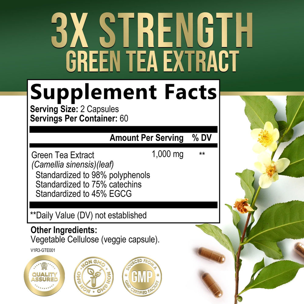 Close-up of Green Tea Extract Capsules 1000 mg label