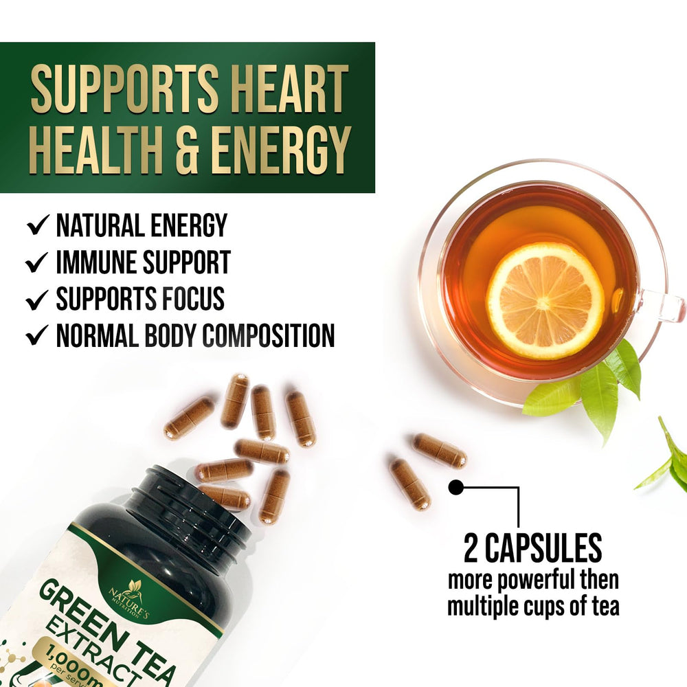 Vegan and Non-GMO icons beside Green Tea Extract bottle