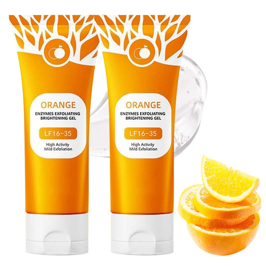 Green Tomato packaging of orange exfoliating gel shows natural ingredients for all skin types.
