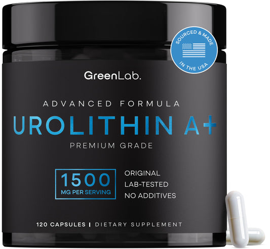 Bottle of GreenLab Urolithin A+ 1500 mg capsules with label visible