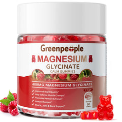 GreenPeople Magnesium Glycinate Gummies bottle showing raspberry flavor for daily calm.