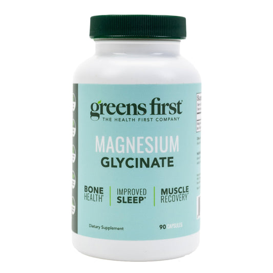 Greens First Magnesium Glycinate bottle with 90 vegetable capsules - front view