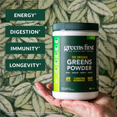 Greens First Berry flavor container back view with ingredients label