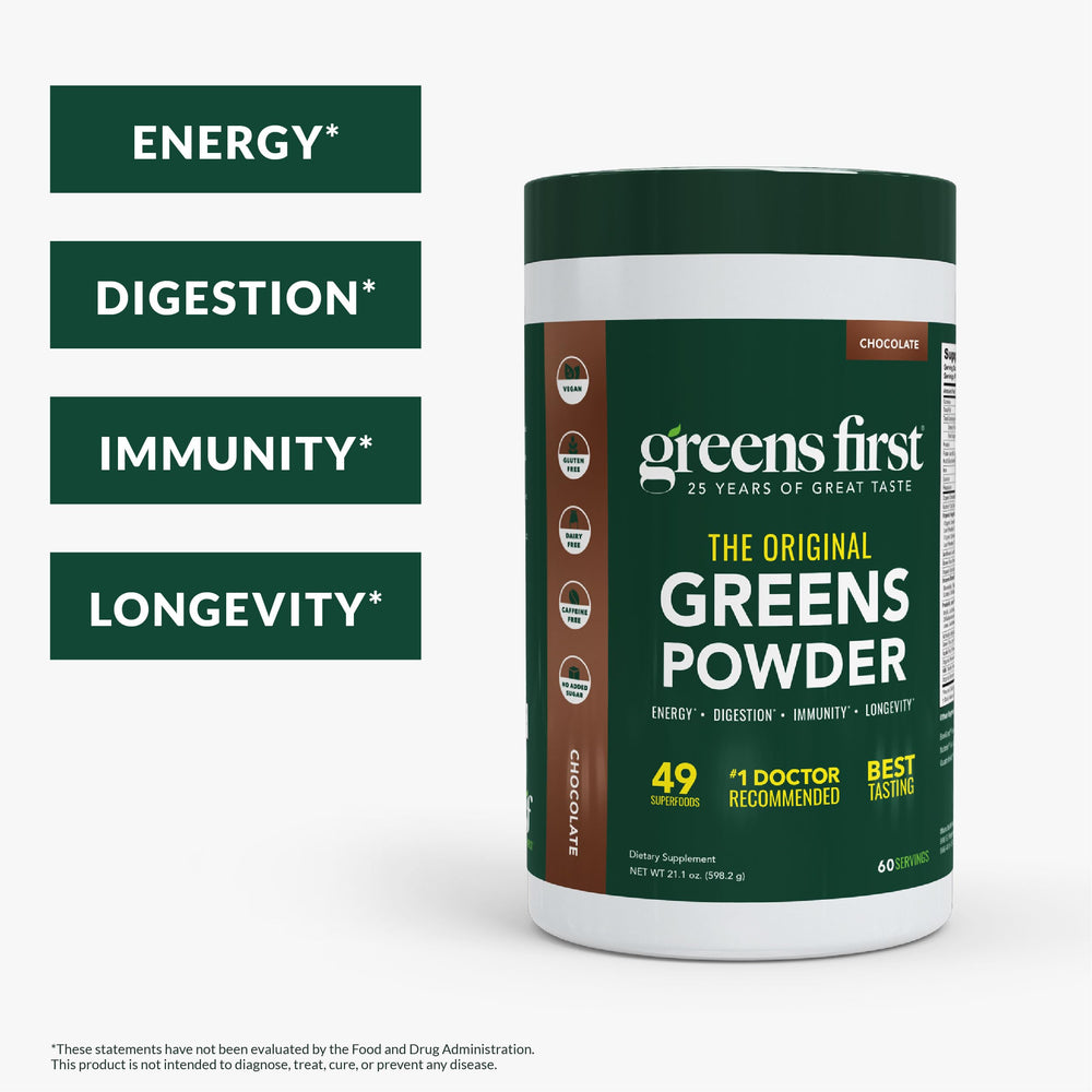 Front and side view of Greens First Original Greens Powder Chocolate-60 servings