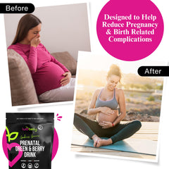 Pregnant woman enjoying a greens powder smoothie