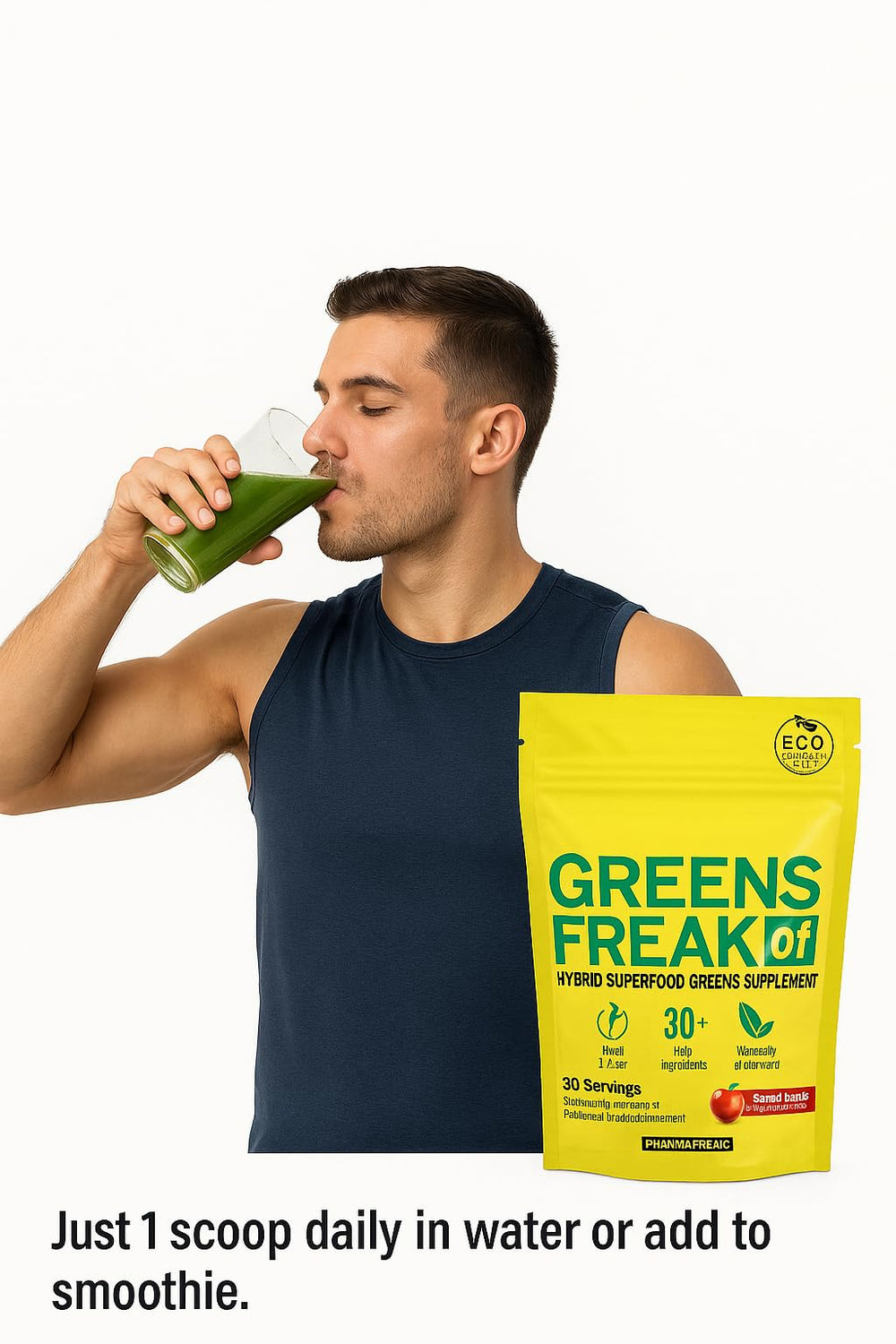 Greens Freak packaging emphasizing immune support and vegan formula