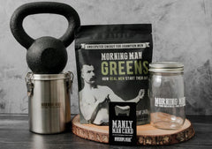 Close-up of greens powder showing vitamins and energy boost