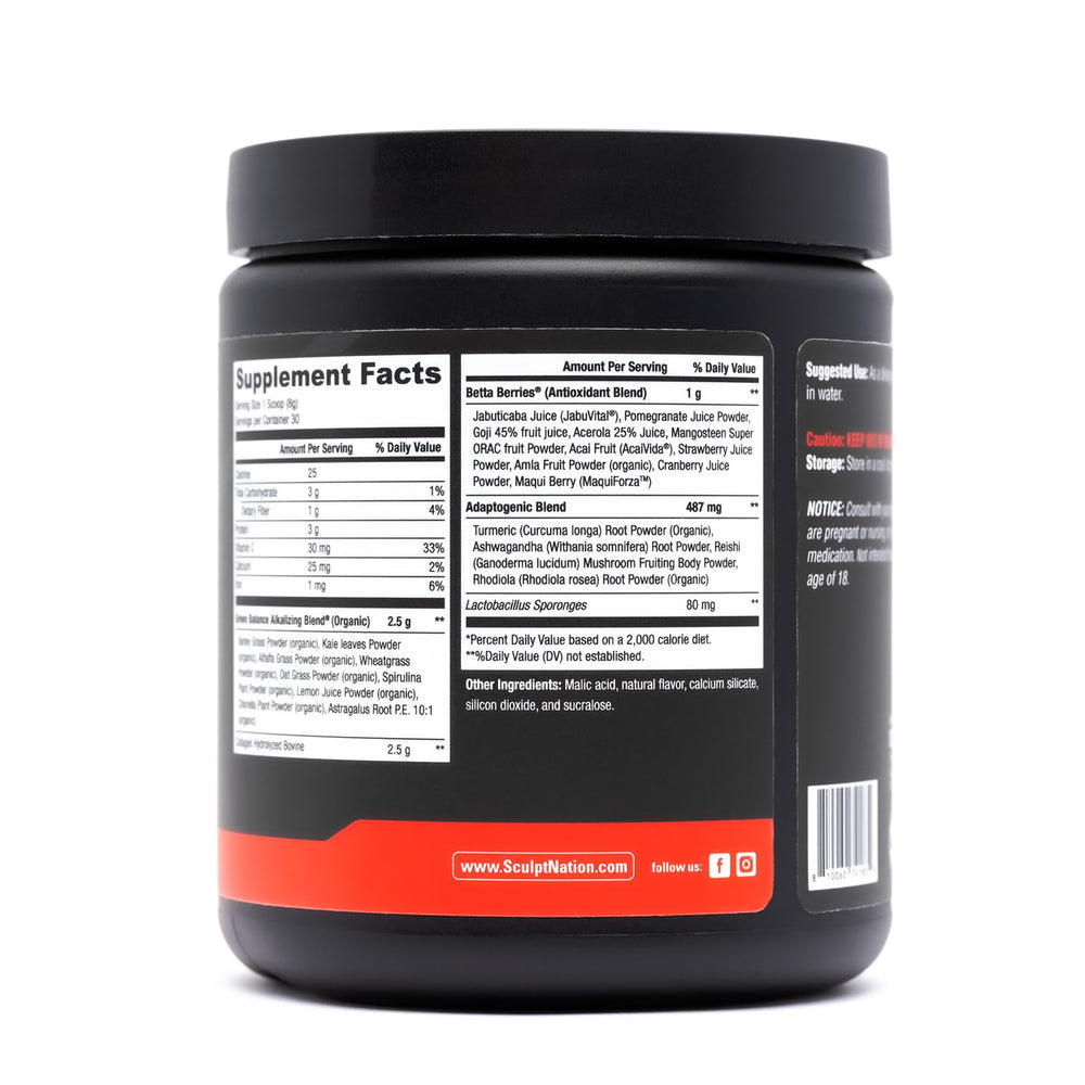 Ingredient highlights including kale, acai, goji berries